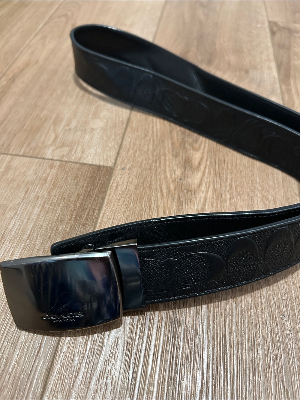 Coach Men's Black Leather Signature Reversible Belt with Silver Buckle